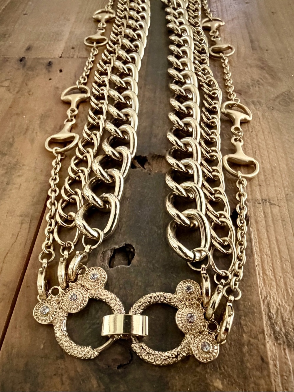 VINTAGE GOLD-TONE MULTI-STRAND EQUESTRIAN HORSEBIT STATEMENT NECKLACE